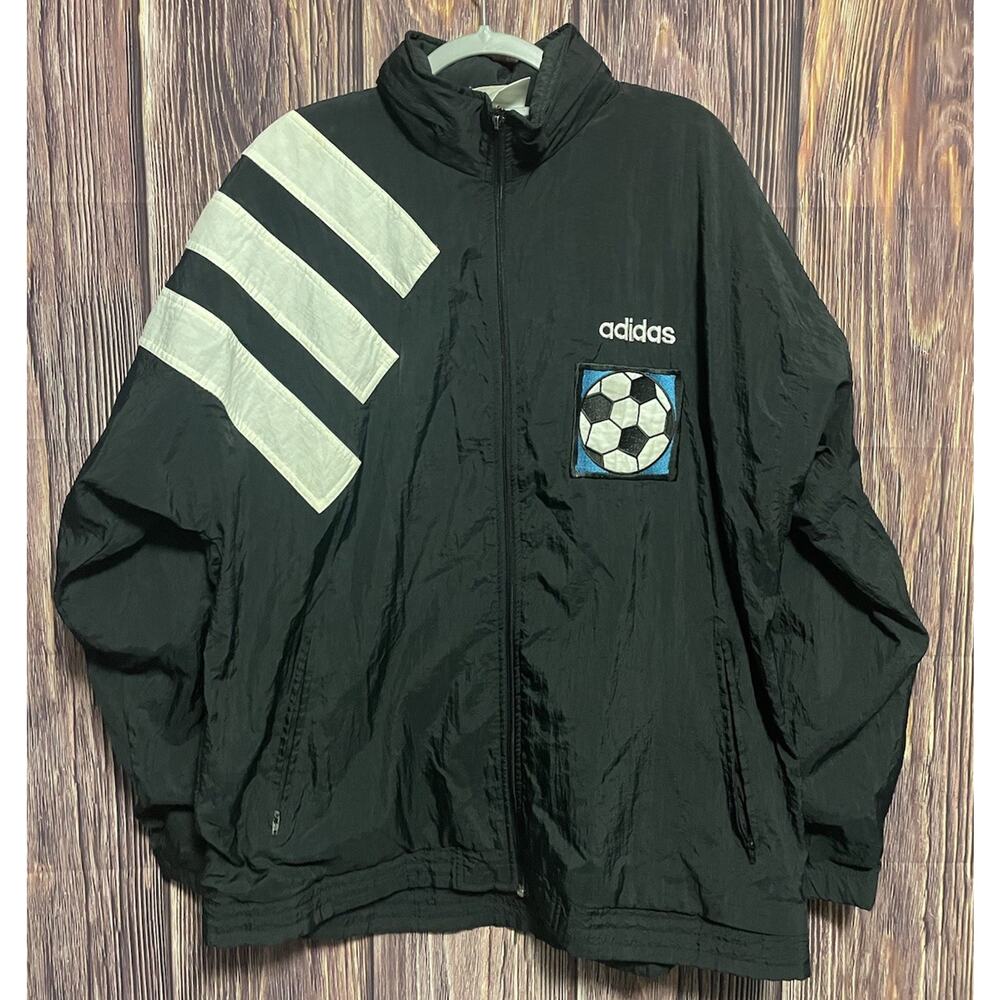 Vintage Adidas Jacket Mens XL Three Stripes Windbreaker 90s Soccer Futbol